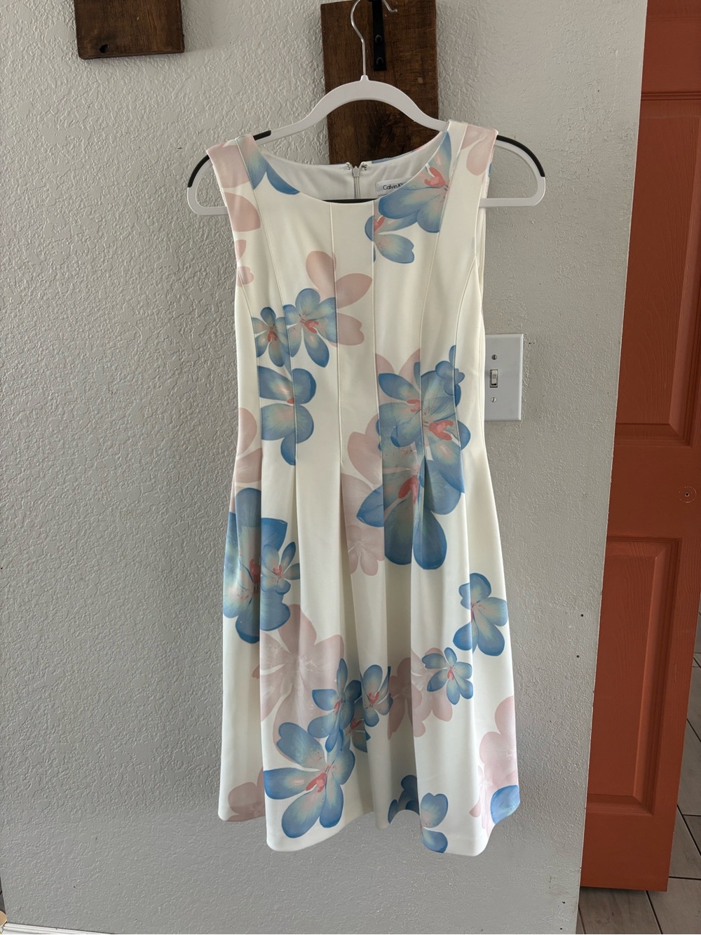 Calvin Klein Classic Floral Fit & Flare Dress in White with Blue/Pink Blooms